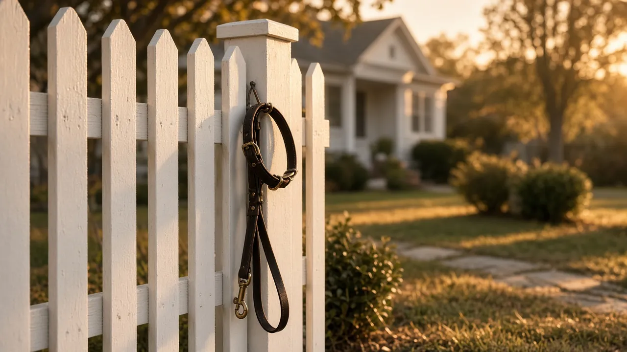 Dog leash hanging on a white picket fence outside a house