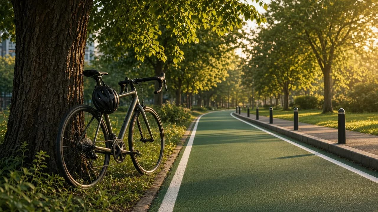 Bicycle leaning on a tree beside a green bike lane