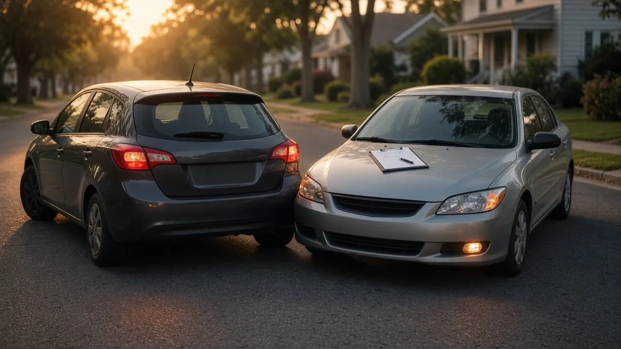 Two cars stopped on a residential street after a fender-bender