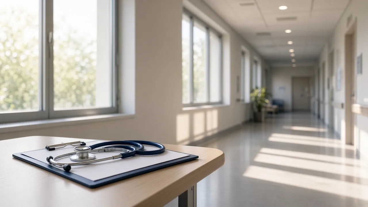 Stethoscope and clipboard in a bright hospital corridor