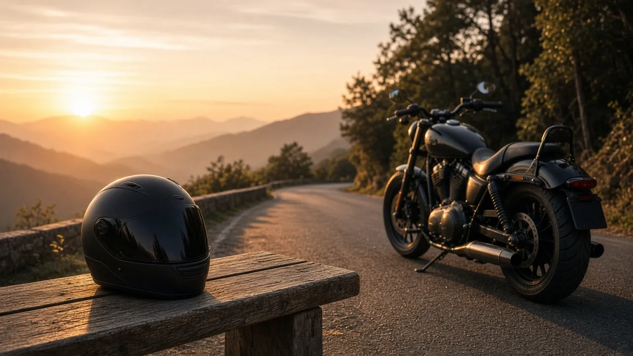 Motorcycle and helmet beside a winding road at sunset