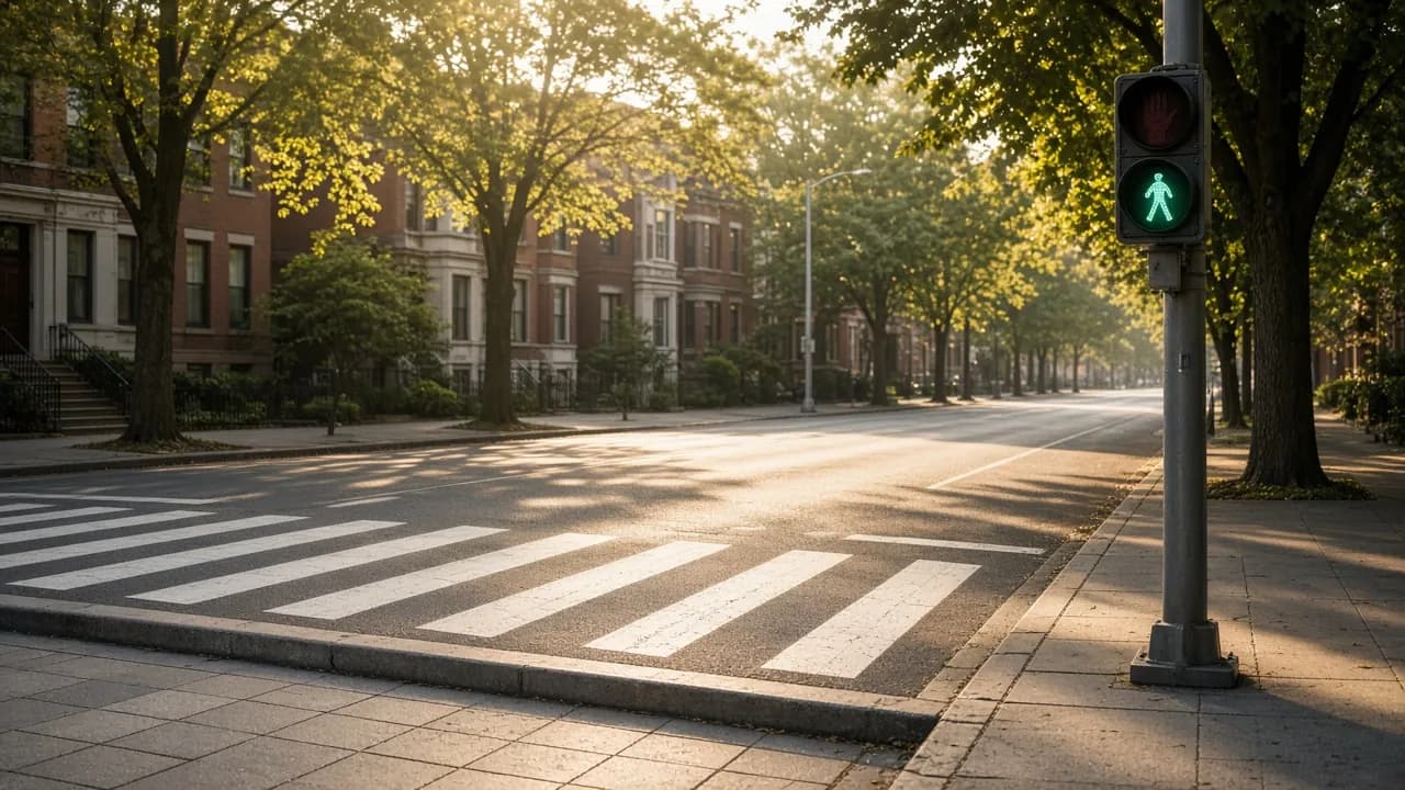 Empty crosswalk with a walk signal on a tree-lined street