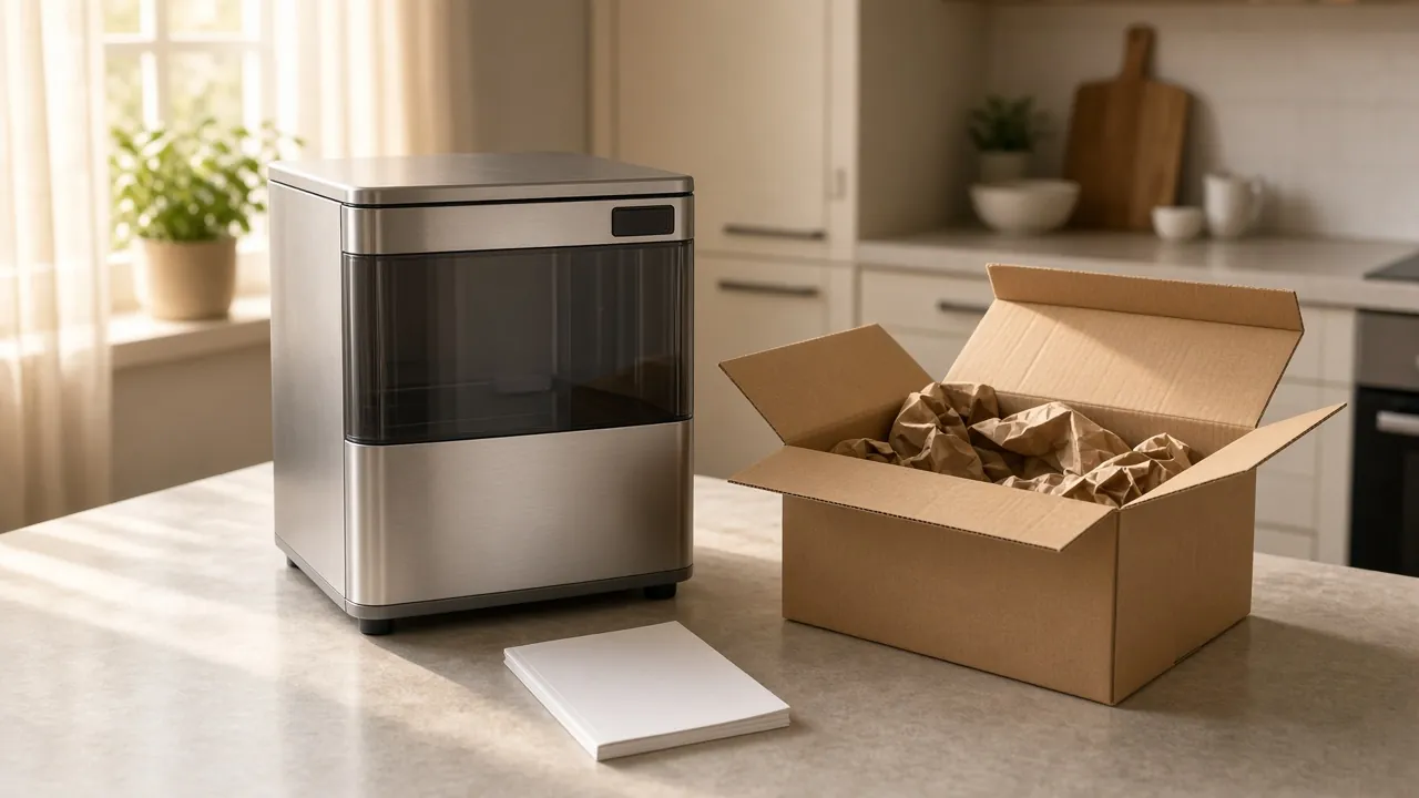 Kitchen appliance next to an opened shipping box