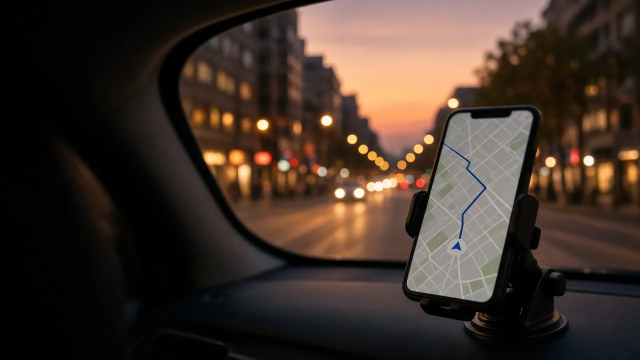 Phone with a rideshare map mounted in a car on a city street at dusk