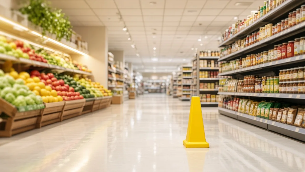 Yellow wet-floor cone in a grocery store aisle