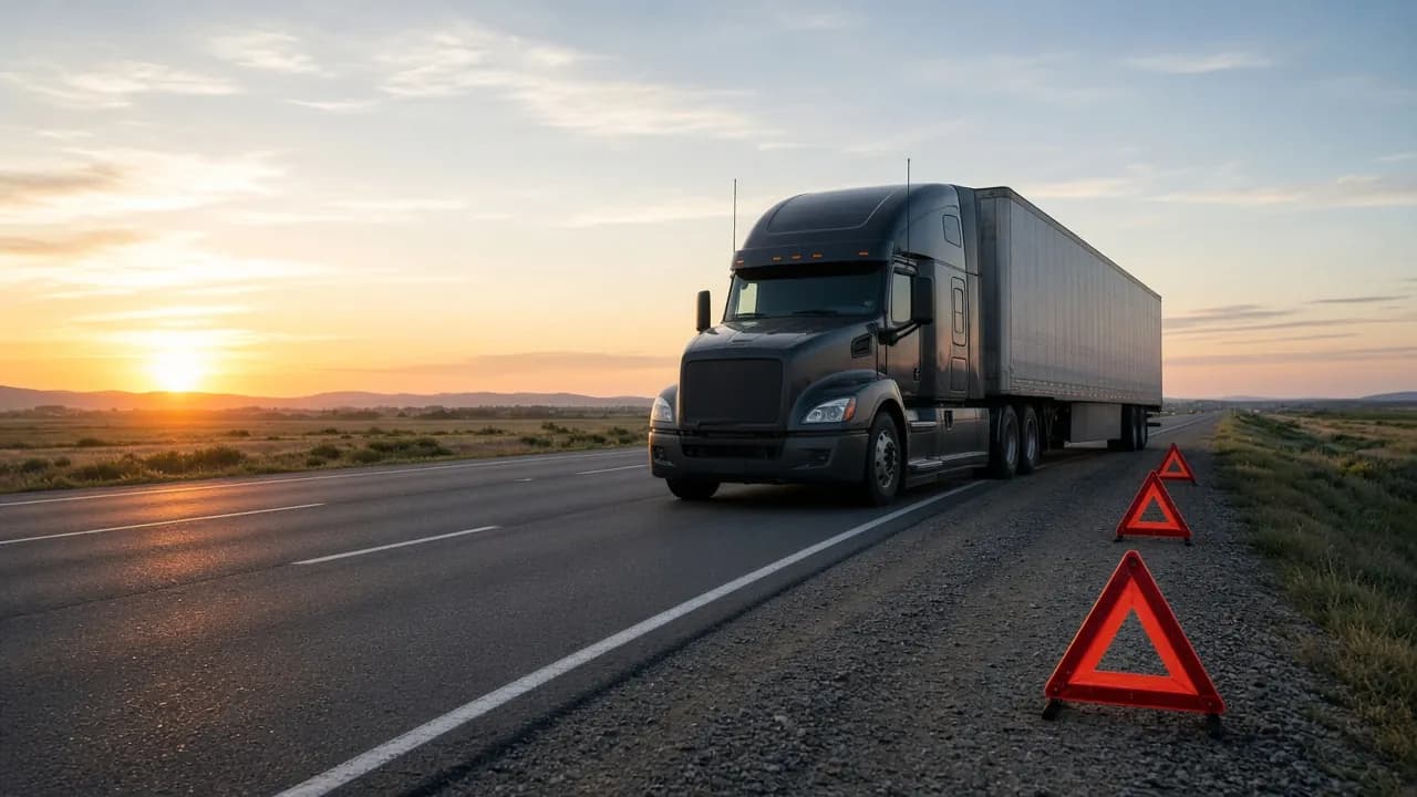 Semi truck pulled onto a highway shoulder behind warning triangles at sunset