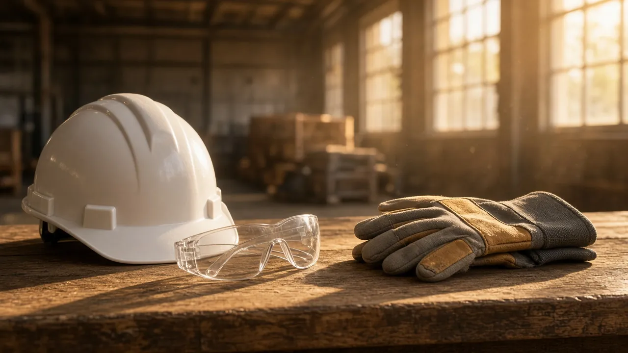 Hard hat, safety glasses and work gloves on a workbench