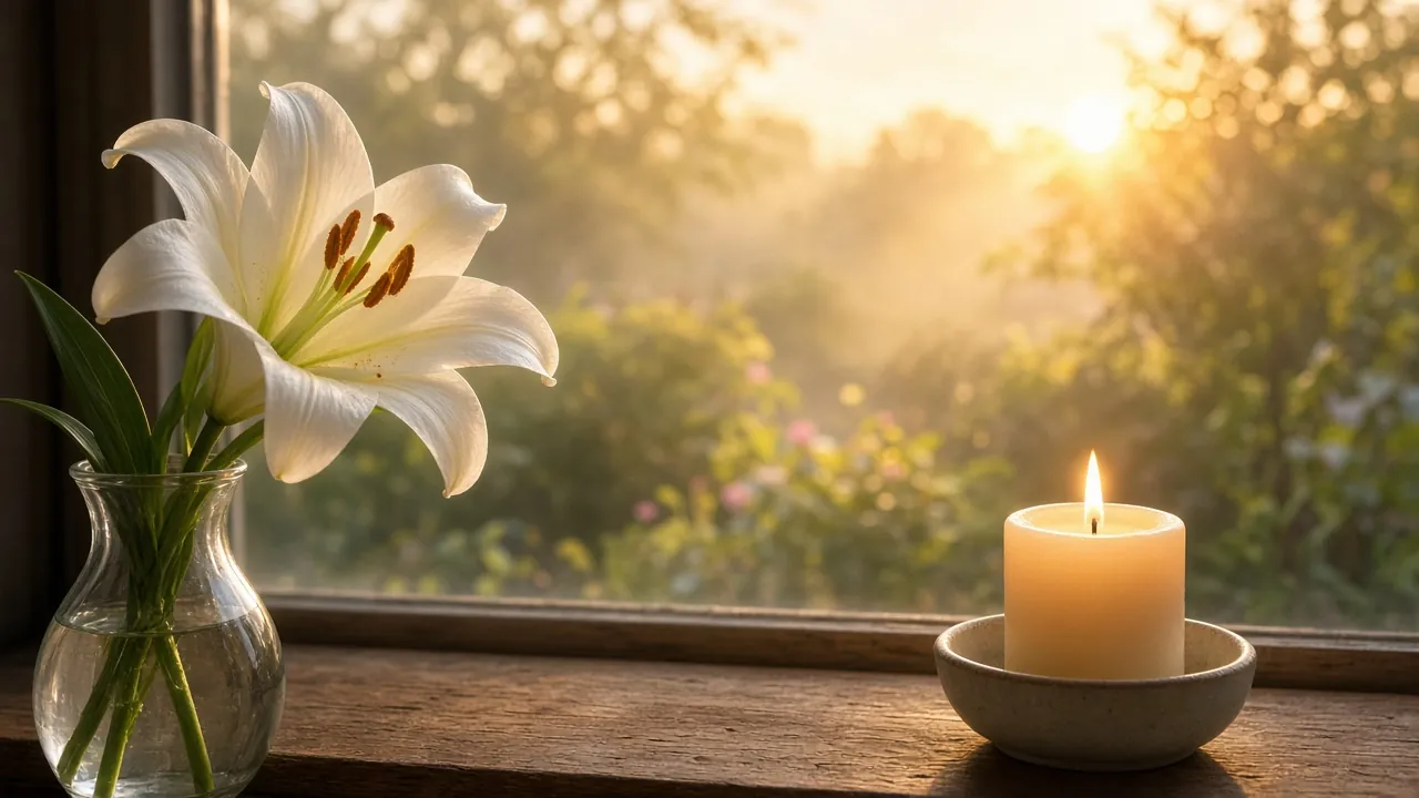 White lily and a lit candle by a sunlit window