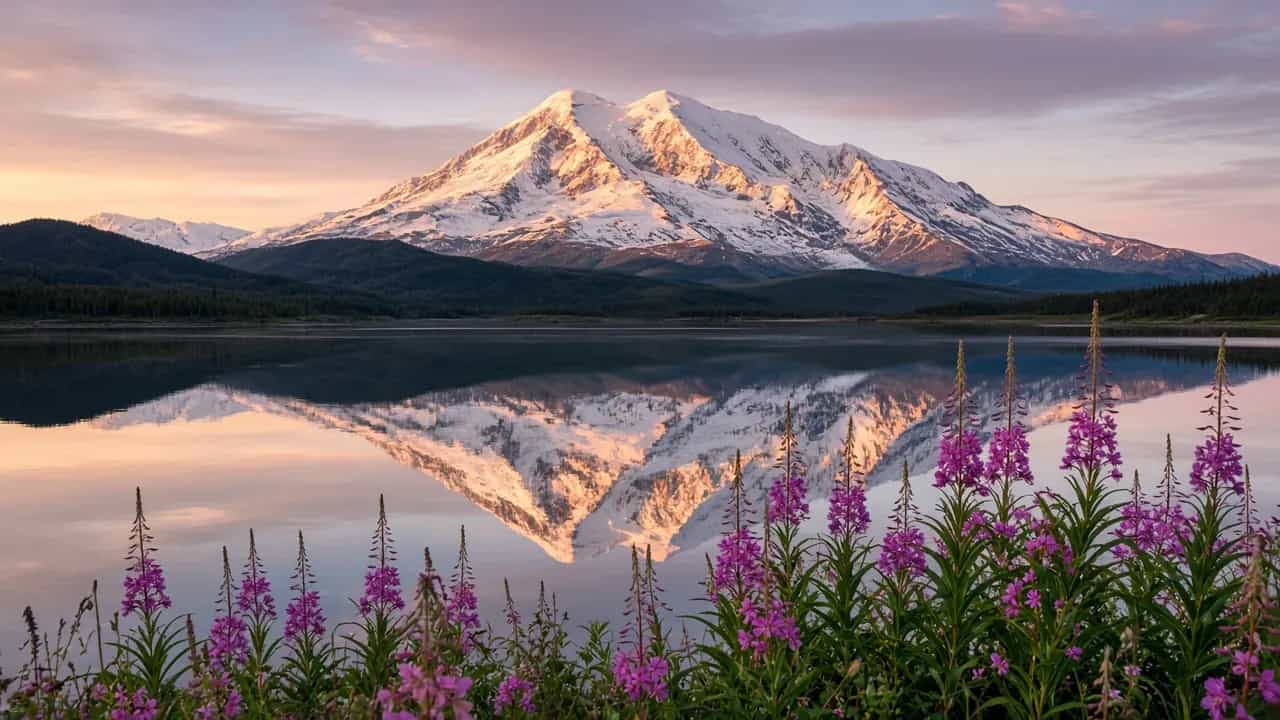 Denali mountain at sunrise reflected in a calm lake with fireweed in the foreground, Alaska