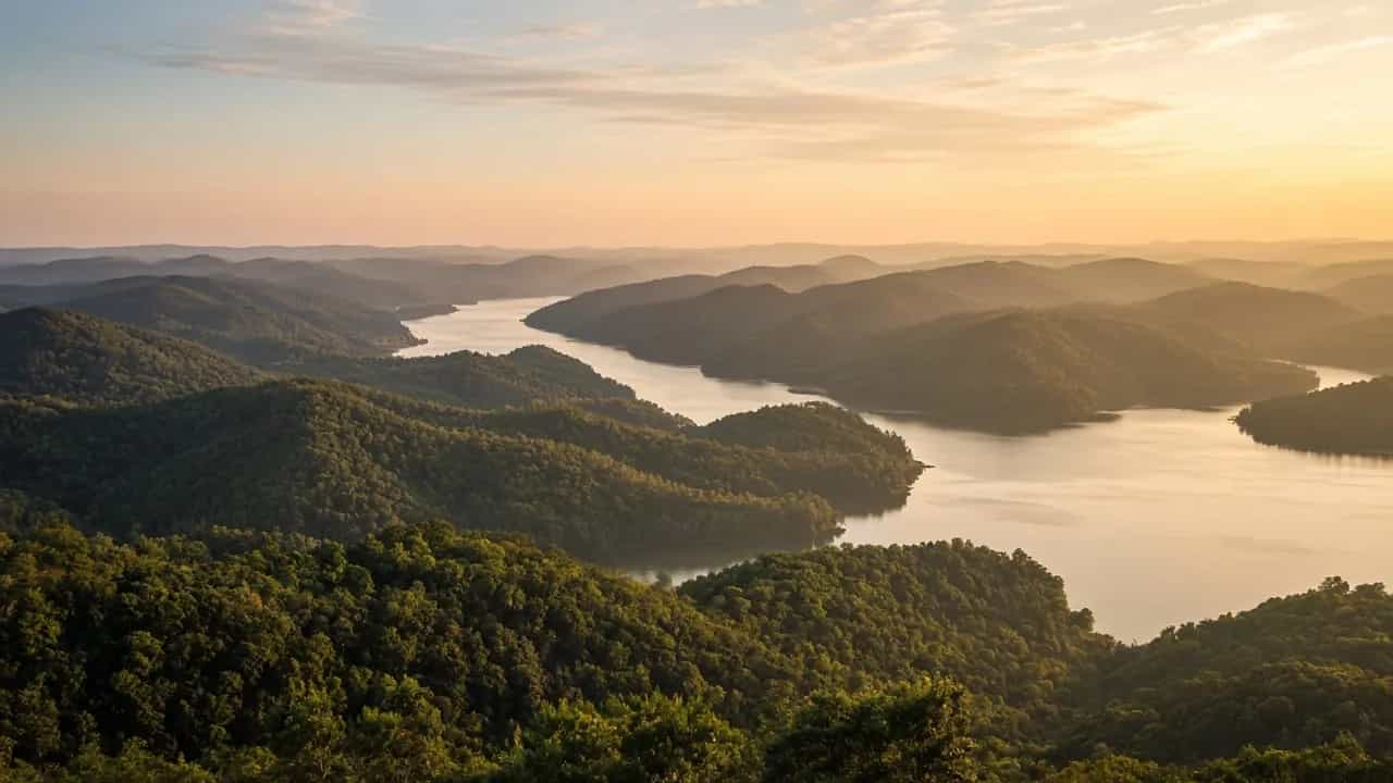 Golden-hour view over the rolling forested hills and lake of Lake Guntersville, Alabama