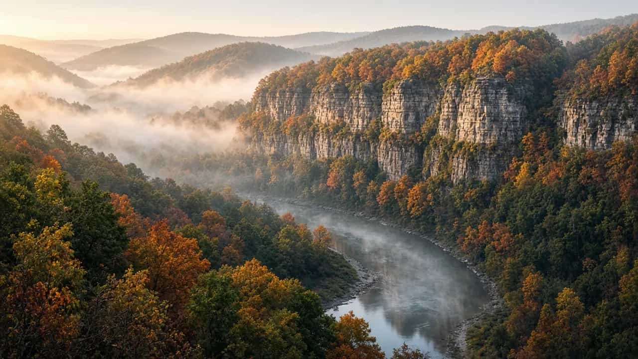 Misty morning over the Buffalo National River bluffs in the Ozark Mountains of Arkansas, autumn colors