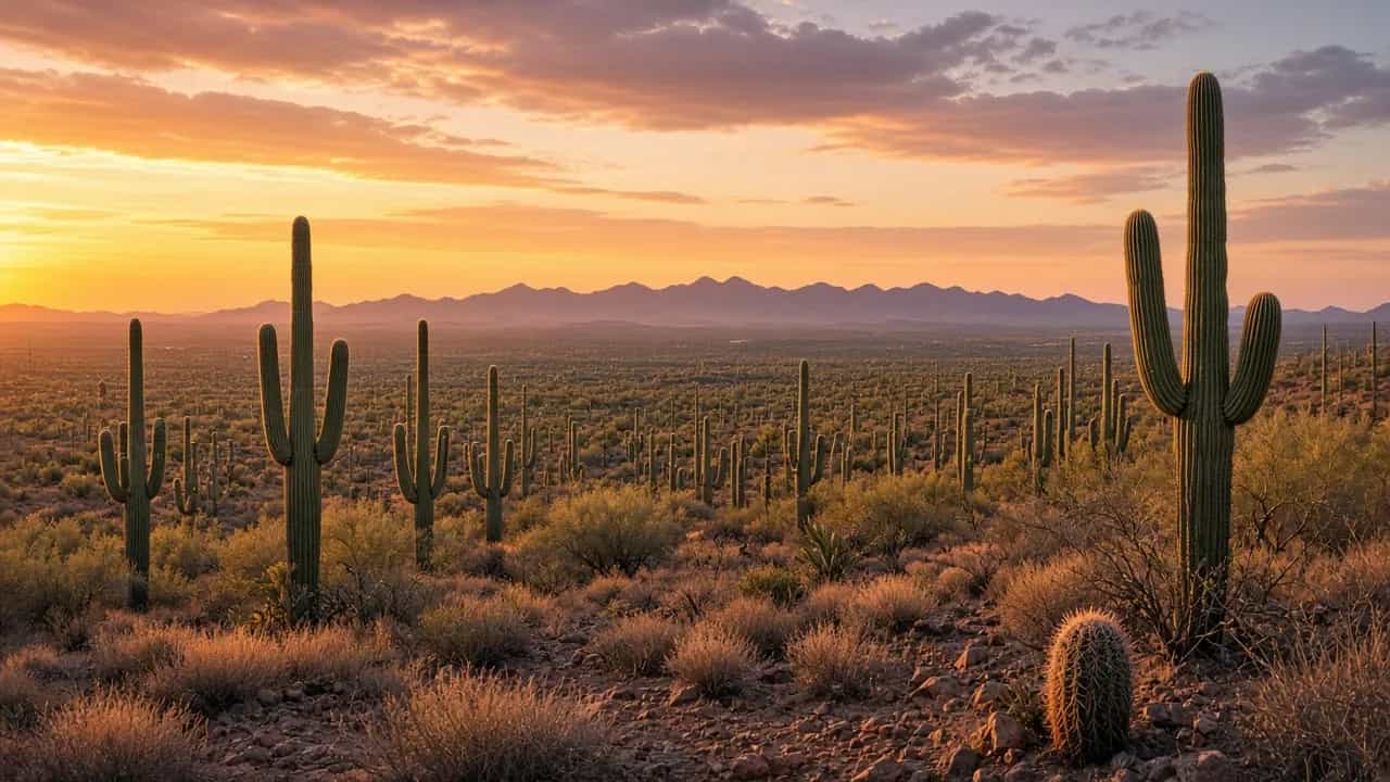 Saguaro cactus desert at warm sunset with soft clouds over the Sonoran Desert near Tucson, Arizona