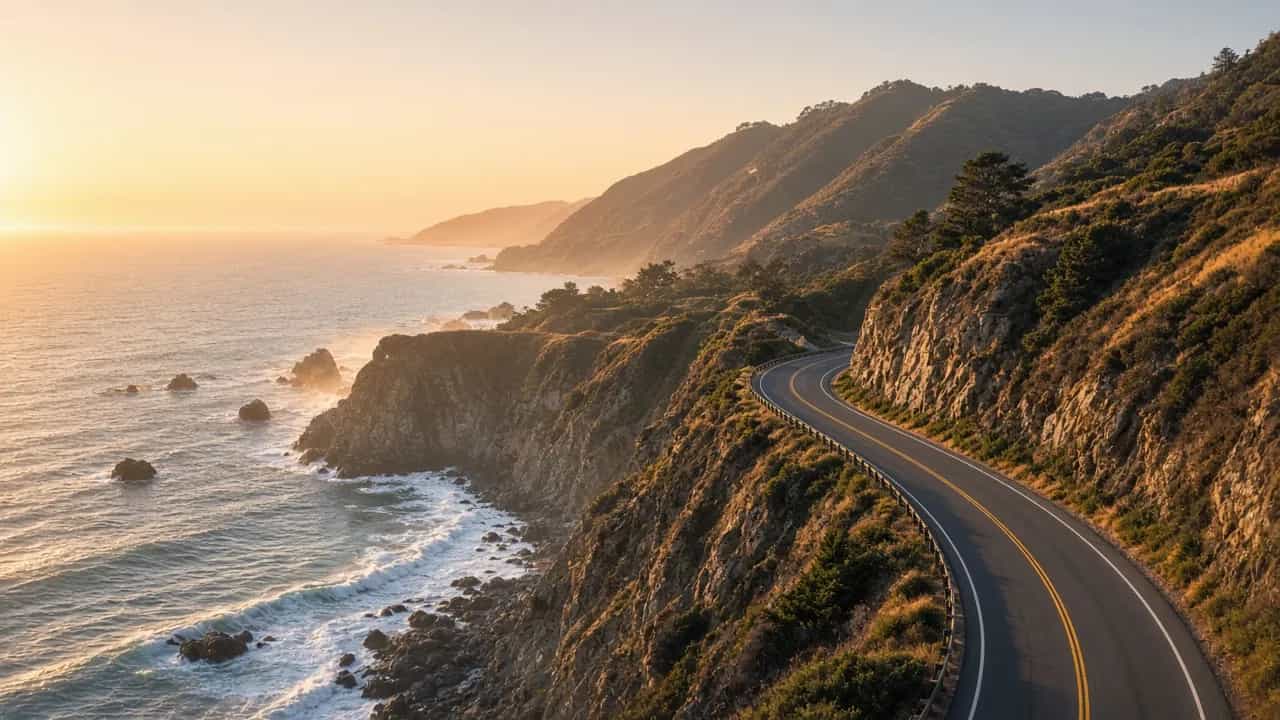Pacific Coast Highway curving along Big Sur cliffs at golden hour with ocean waves, California