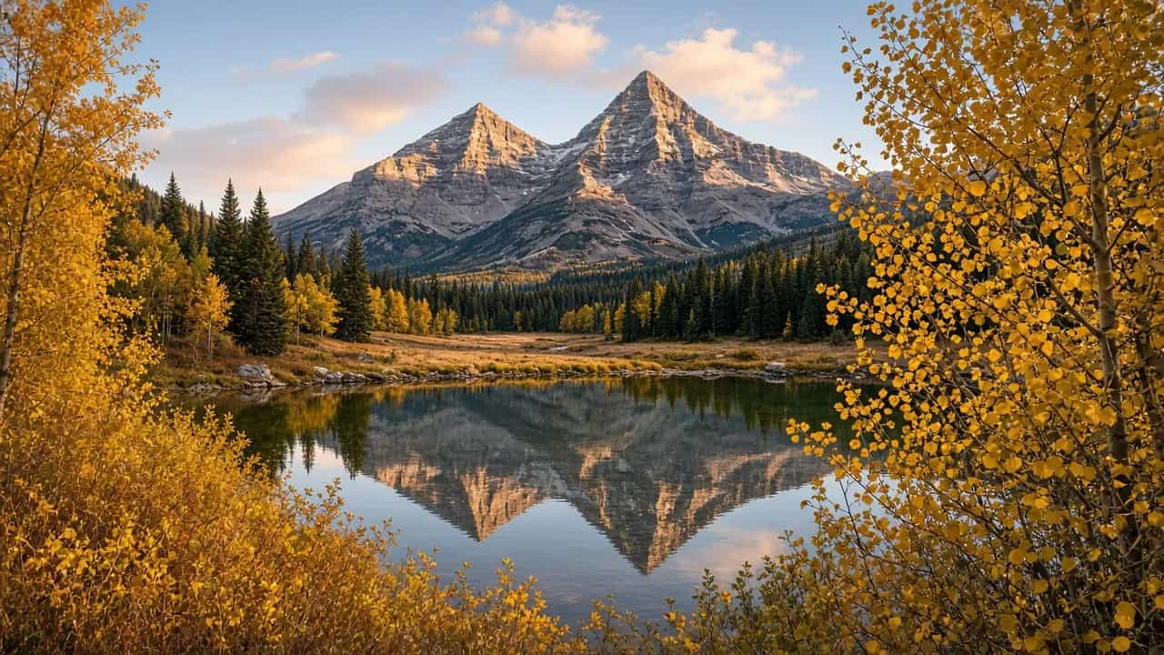 Maroon Bells peaks above an aspen grove with golden fall leaves and a calm lake, Colorado