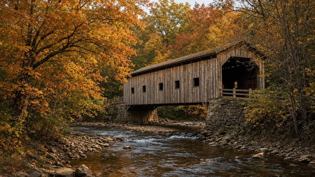 New England covered bridge over a stream in Connecticut with autumn foliage in warm light