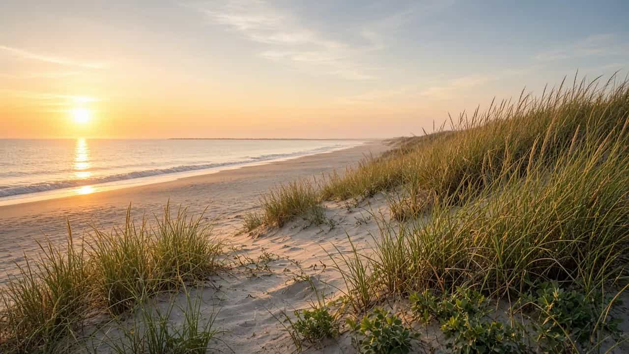 Rehoboth Beach boardwalk area at sunrise with dunes and soft ocean light, Delaware, no people close up