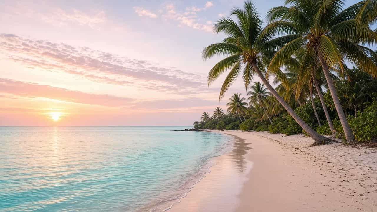 Palm-lined Florida beach at sunrise with calm turquoise water and soft pink sky