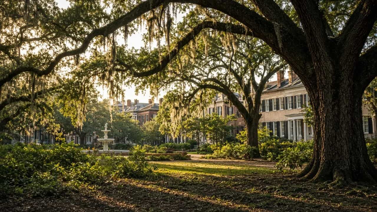 Historic Savannah, Georgia square with Spanish moss on live oaks in warm morning light