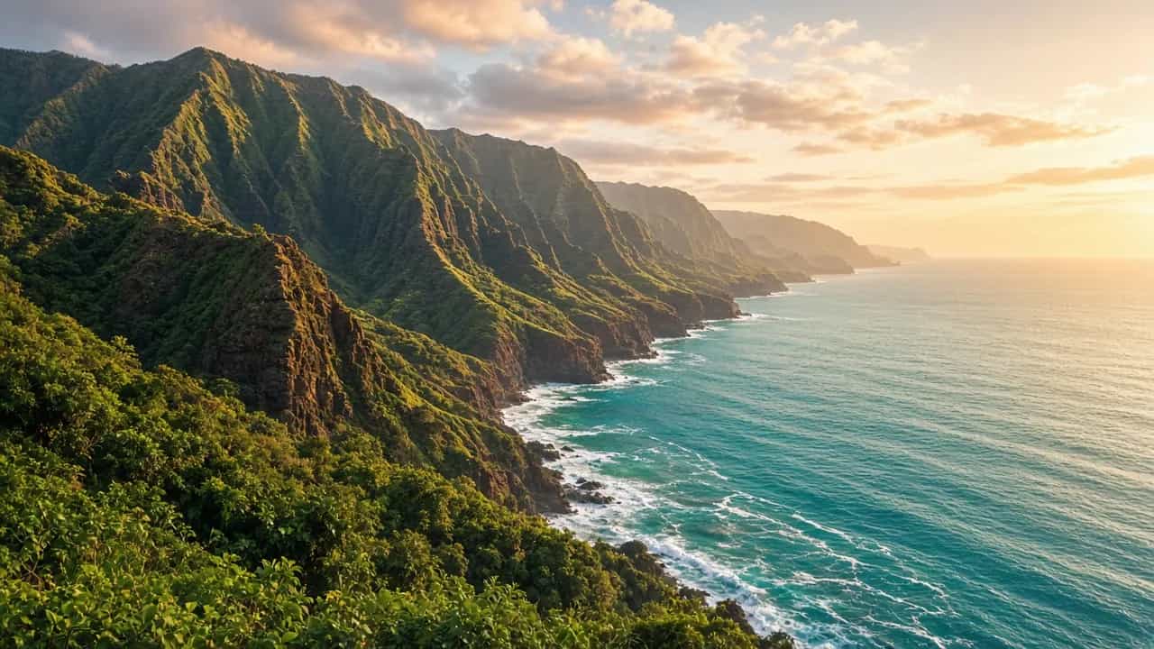 Lush green Na Pali coast cliffs above a turquoise ocean at golden hour, Kauai, Hawaii