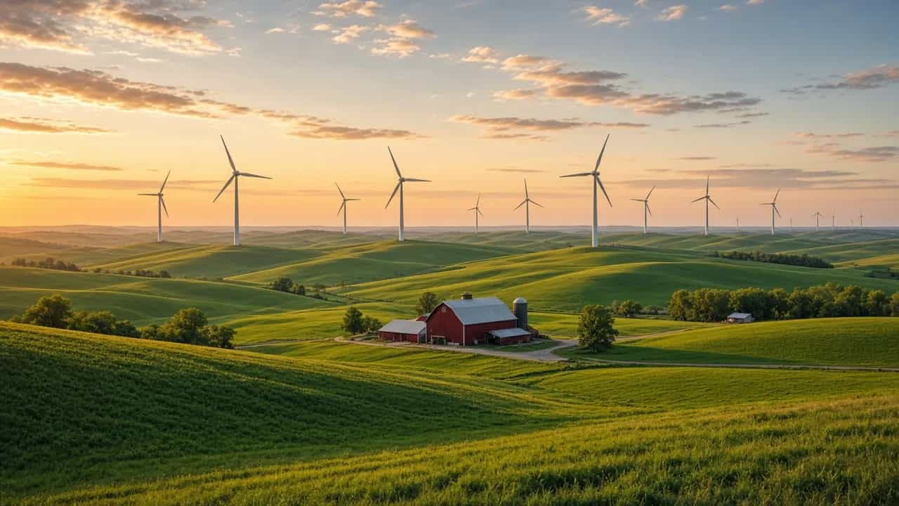 Rolling green Iowa farmland with a red barn and wind turbines at golden hour
