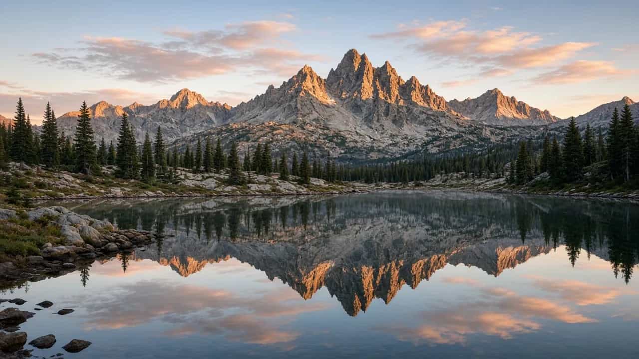 Sawtooth Mountains reflected in a still alpine lake at dawn, Idaho