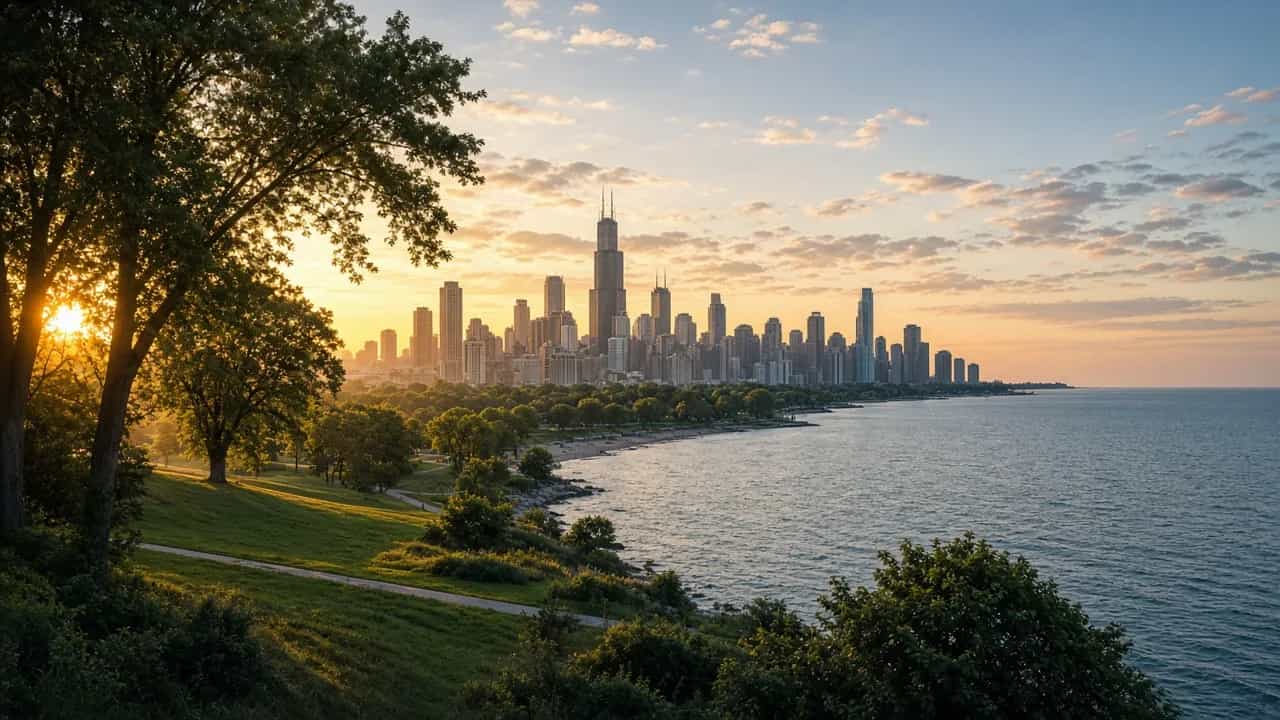 Chicago skyline and lakefront at sunrise seen from a quiet park with trees, Illinois