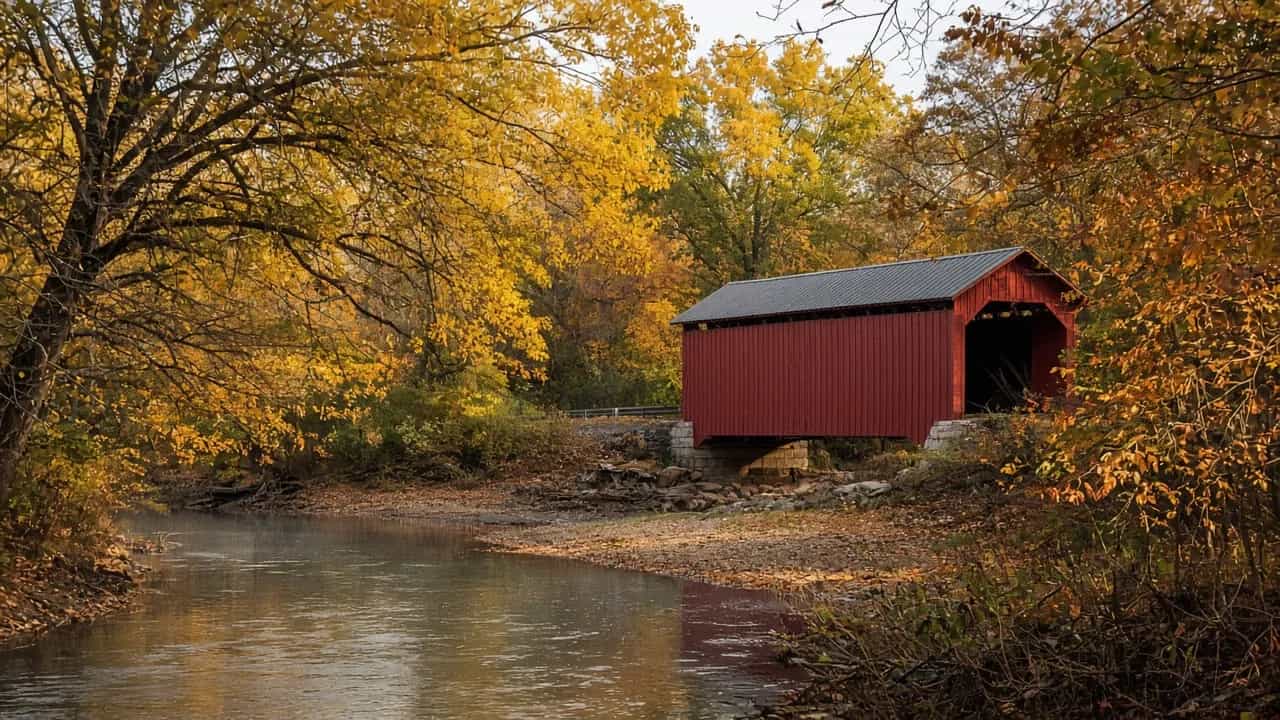 Covered bridge in Parke County, Indiana among golden autumn trees and a quiet creek