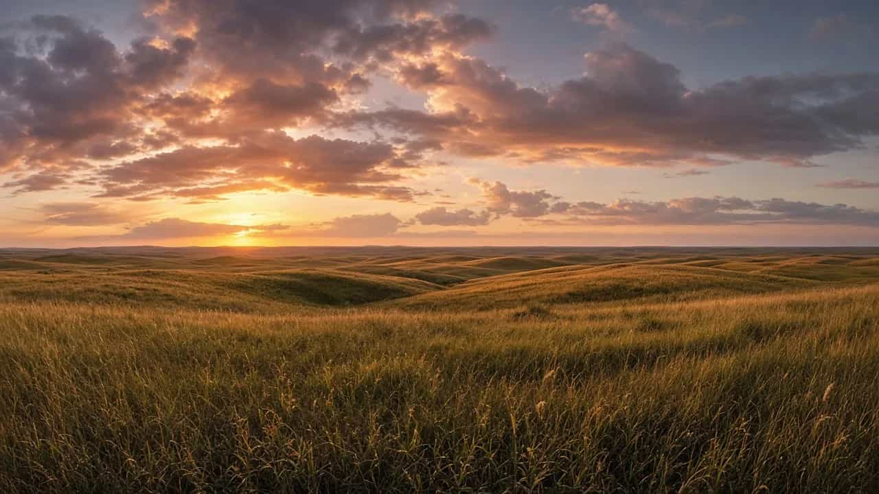 Golden wheat fields under a big dramatic sky at sunset in the Kansas Flint Hills