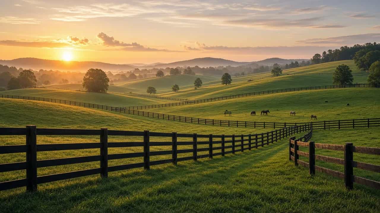 Kentucky horse farm with black wooden fences and rolling bluegrass hills at sunrise