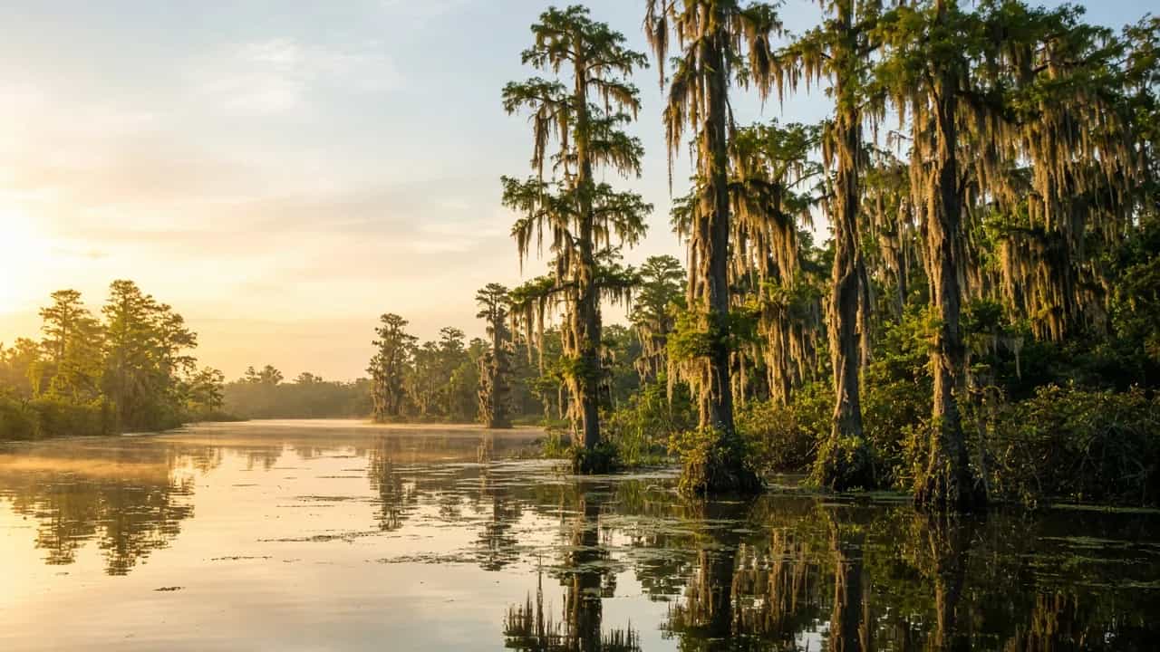 Cypress trees in a calm Louisiana bayou at golden hour with Spanish moss
