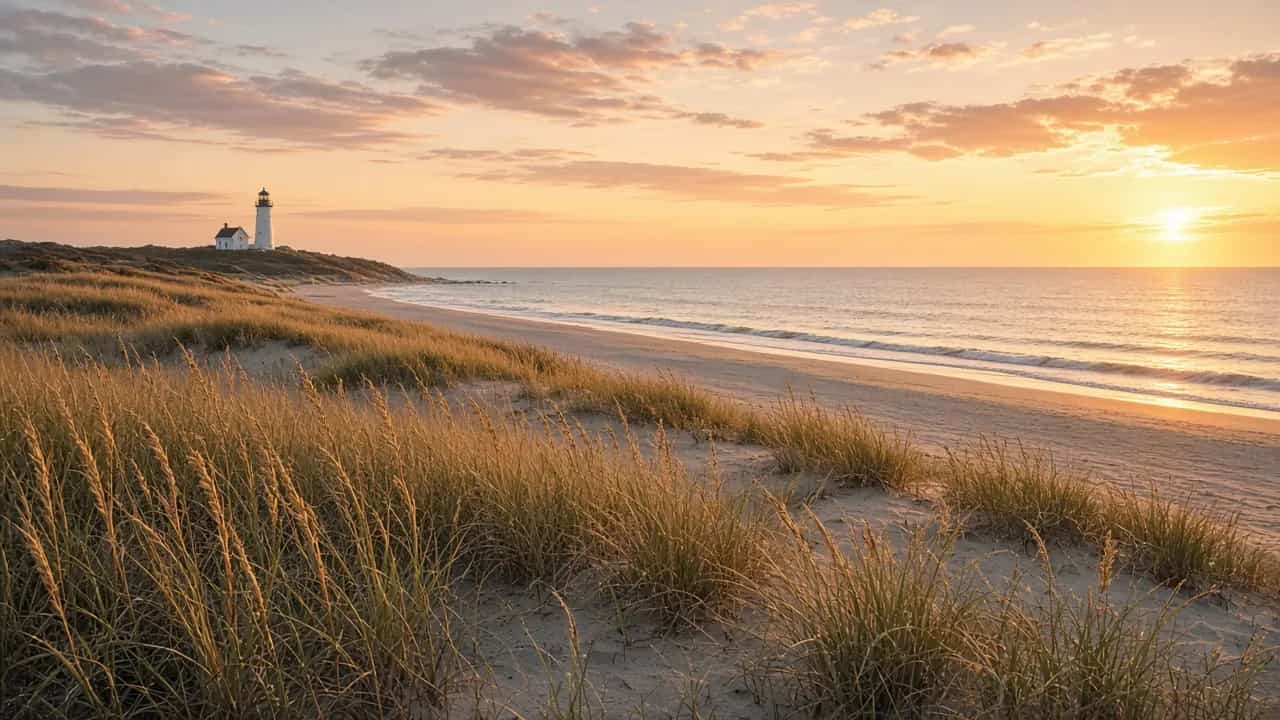 Cape Cod dunes and beach grass at sunrise with a lighthouse in the distance, Massachusetts