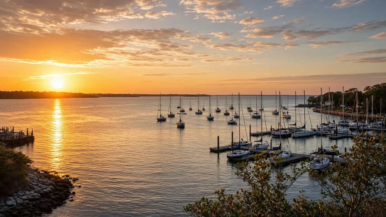 Annapolis harbor with sailboats on the Chesapeake Bay at golden sunset, Maryland