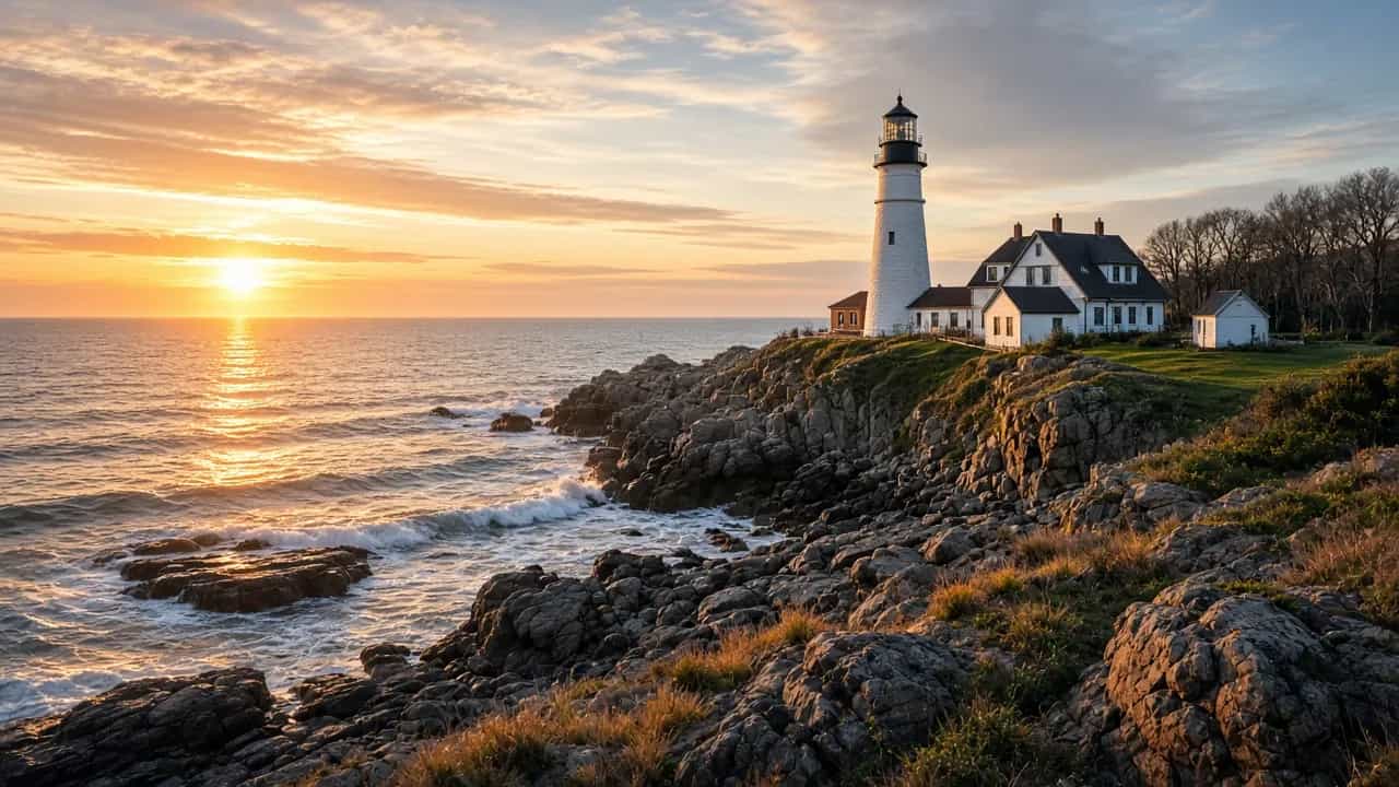 Portland Head Light lighthouse on rocky Maine coast at sunrise with gentle waves