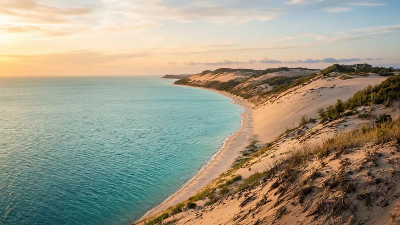 Sleeping Bear Dunes overlooking Lake Michigan turquoise water at golden hour, Michigan