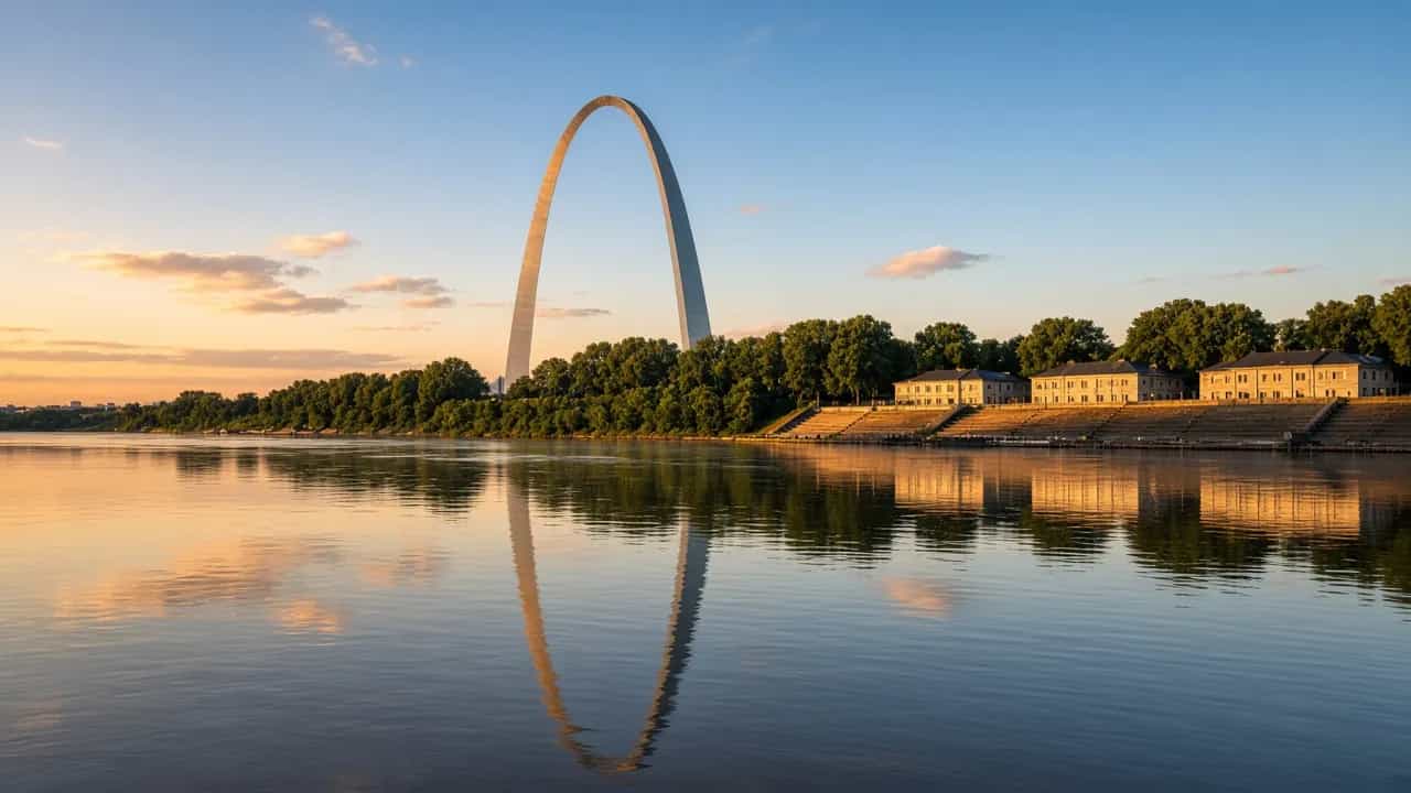 Gateway Arch in St. Louis at golden hour reflected in the Mississippi River, Missouri