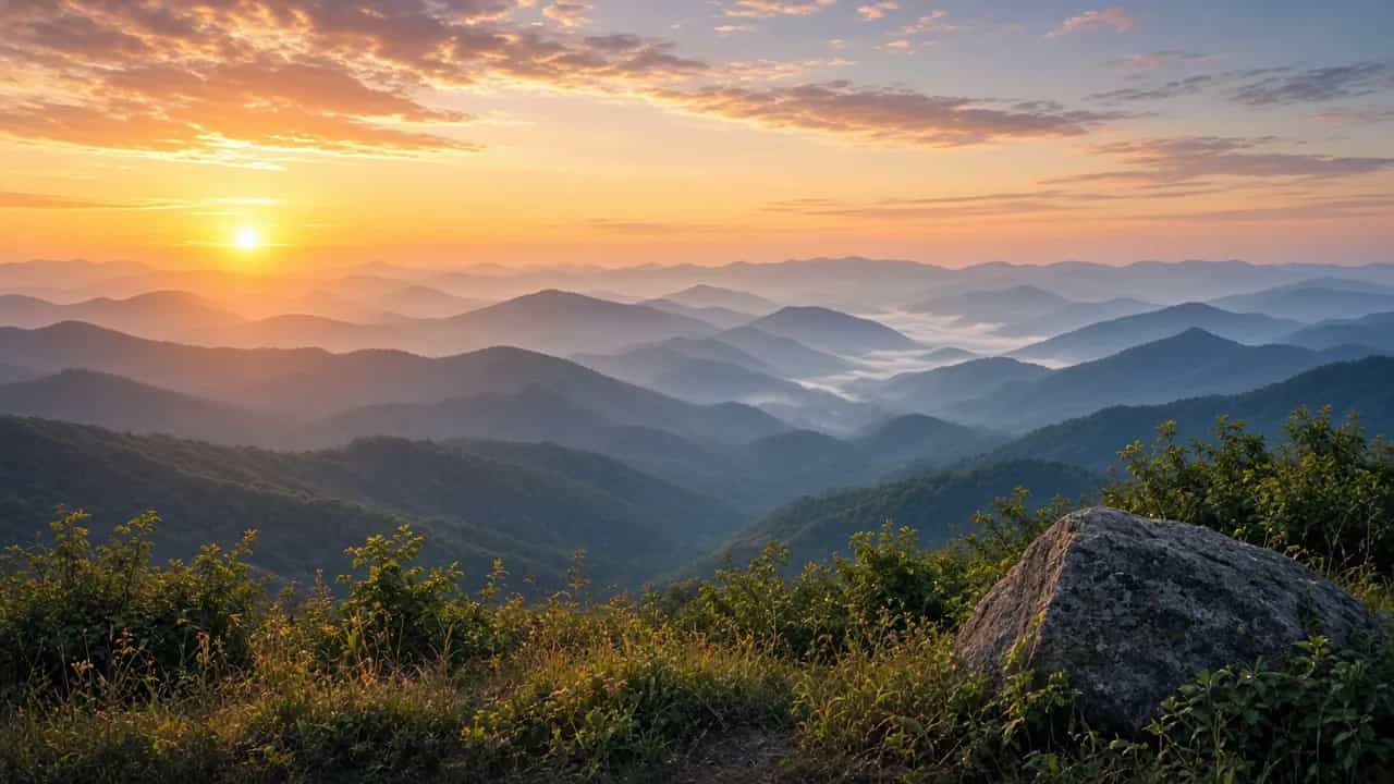 Blue Ridge Parkway overlook with layered blue mountains at sunrise, North Carolina