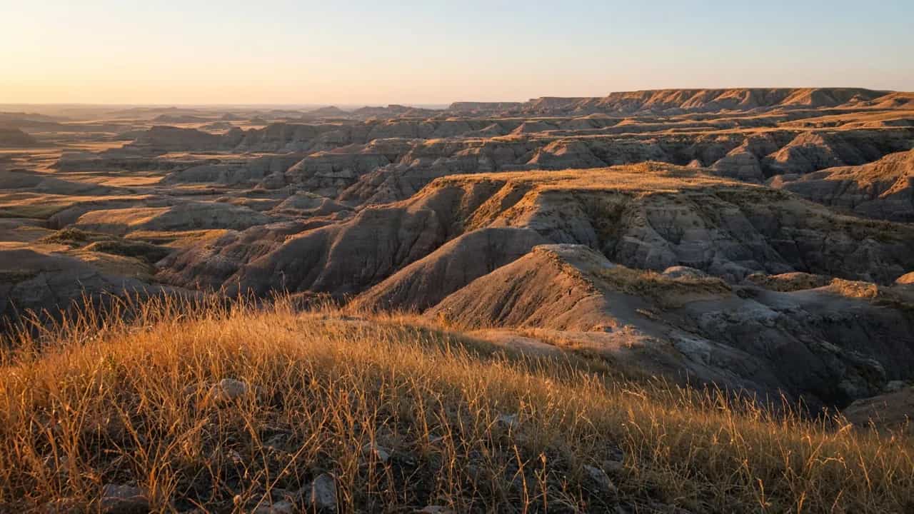 Theodore Roosevelt National Park badlands at golden hour with prairie grass, North Dakota