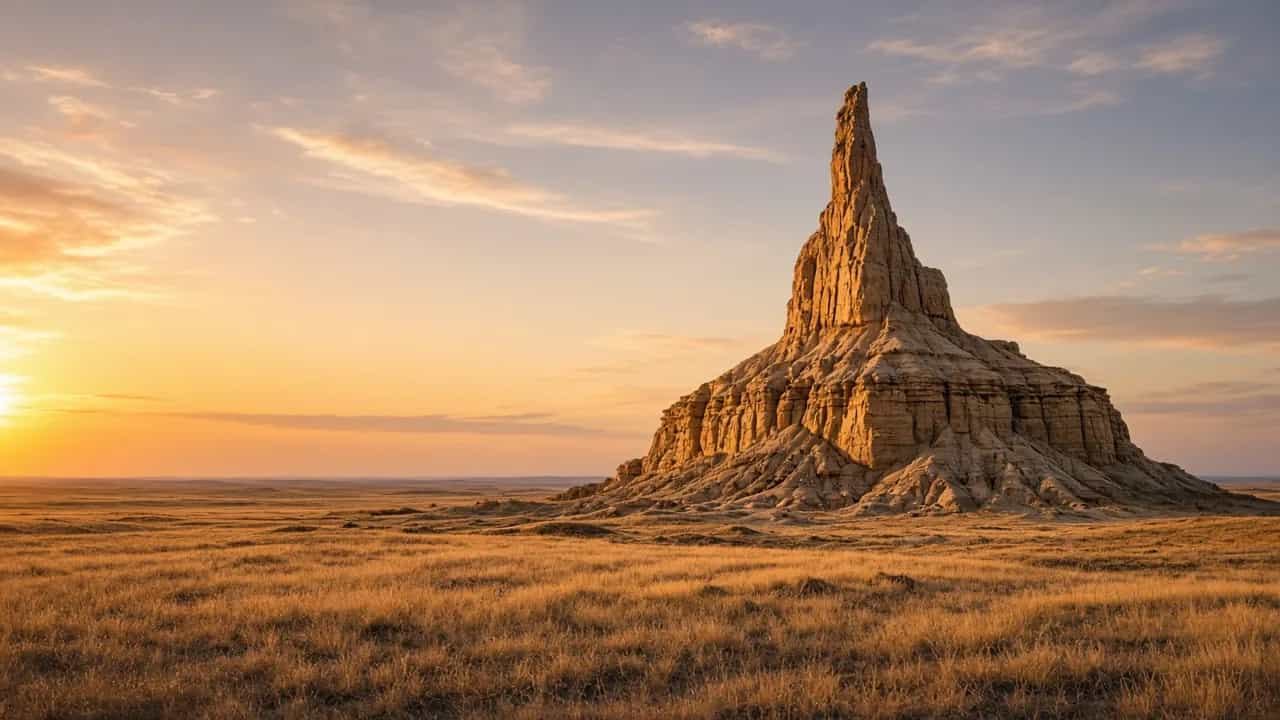 Chimney Rock rising above golden prairie grass at sunset, Nebraska