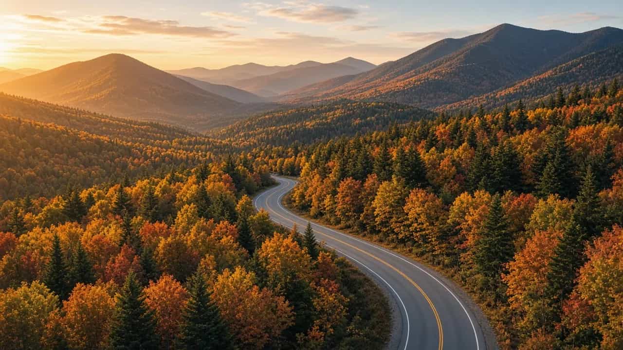 White Mountains of New Hampshire with fall foliage and a winding road at golden hour