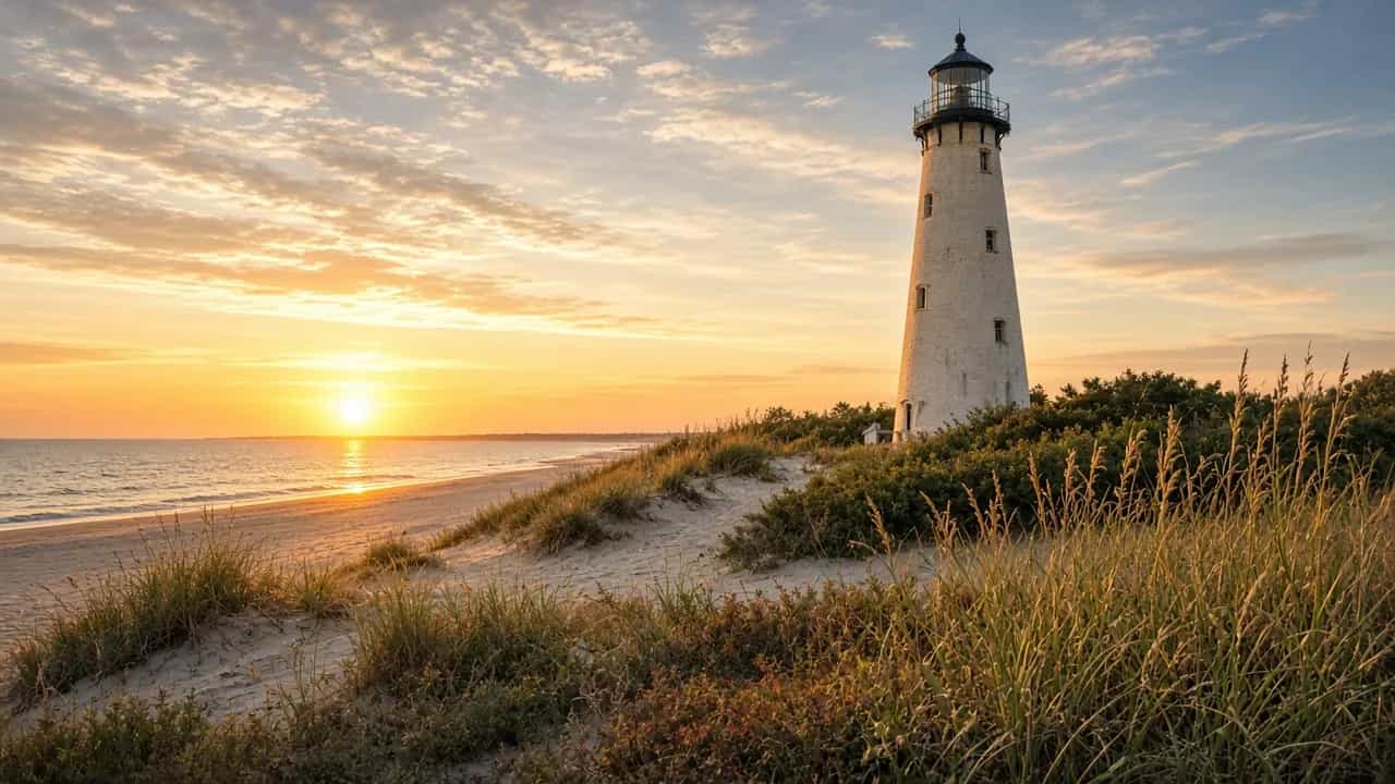 Cape May lighthouse and beach at sunrise with dunes, New Jersey
