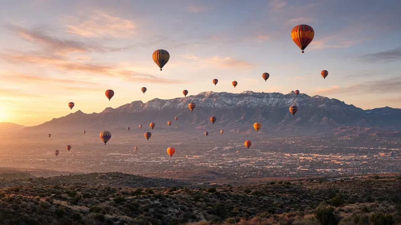 Hot air balloons rising over the Sandia Mountains at sunrise, Albuquerque, New Mexico