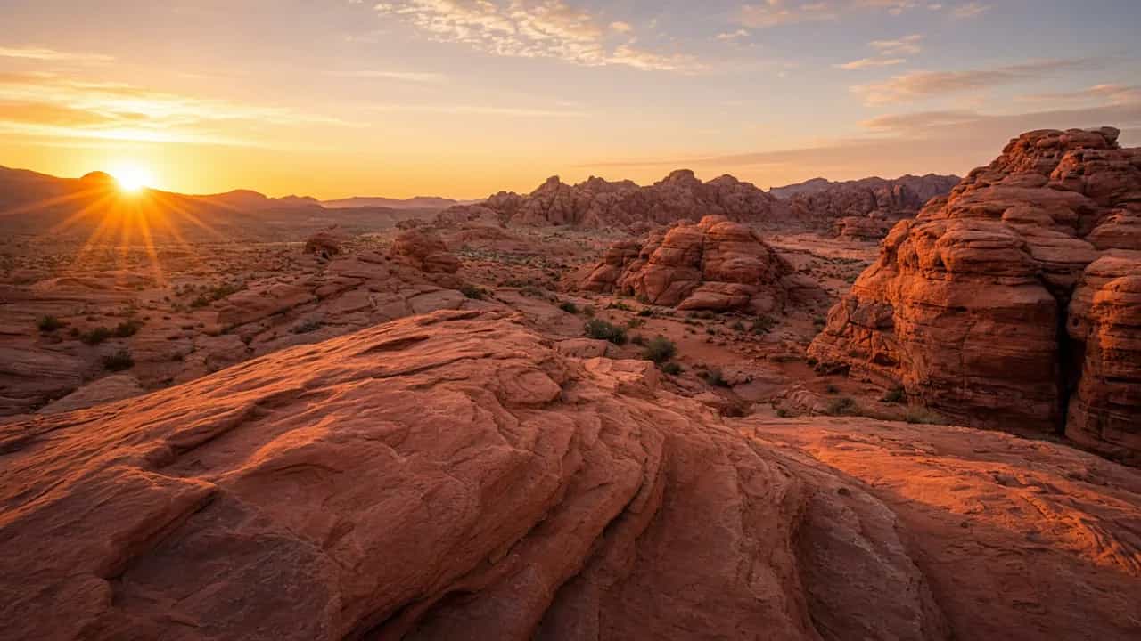 Valley of Fire red sandstone formations glowing at sunrise, Nevada