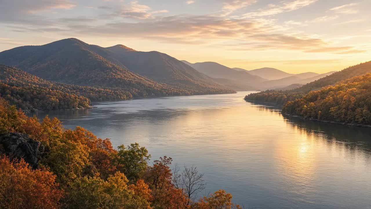 Hudson River valley with autumn foliage and mountains at golden hour, New York