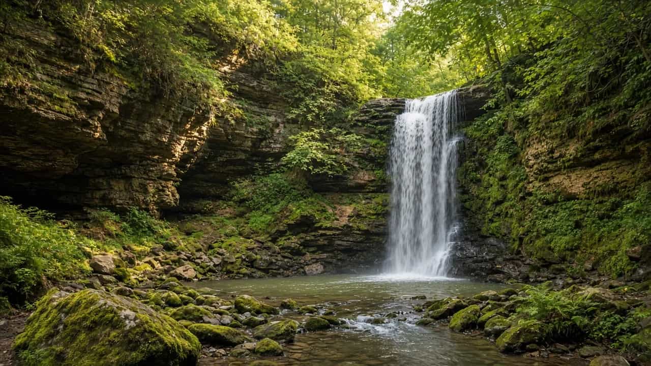 Hocking Hills waterfall in a green forest gorge in soft morning light, Ohio