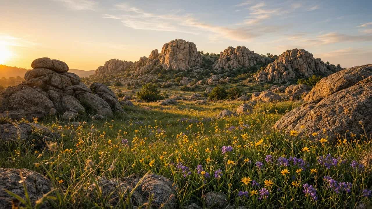Wichita Mountains with granite boulders and wildflowers at golden hour, Oklahoma