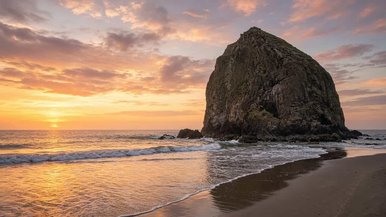 Cannon Beach Haystack Rock at sunset with soft waves and warm sky, Oregon