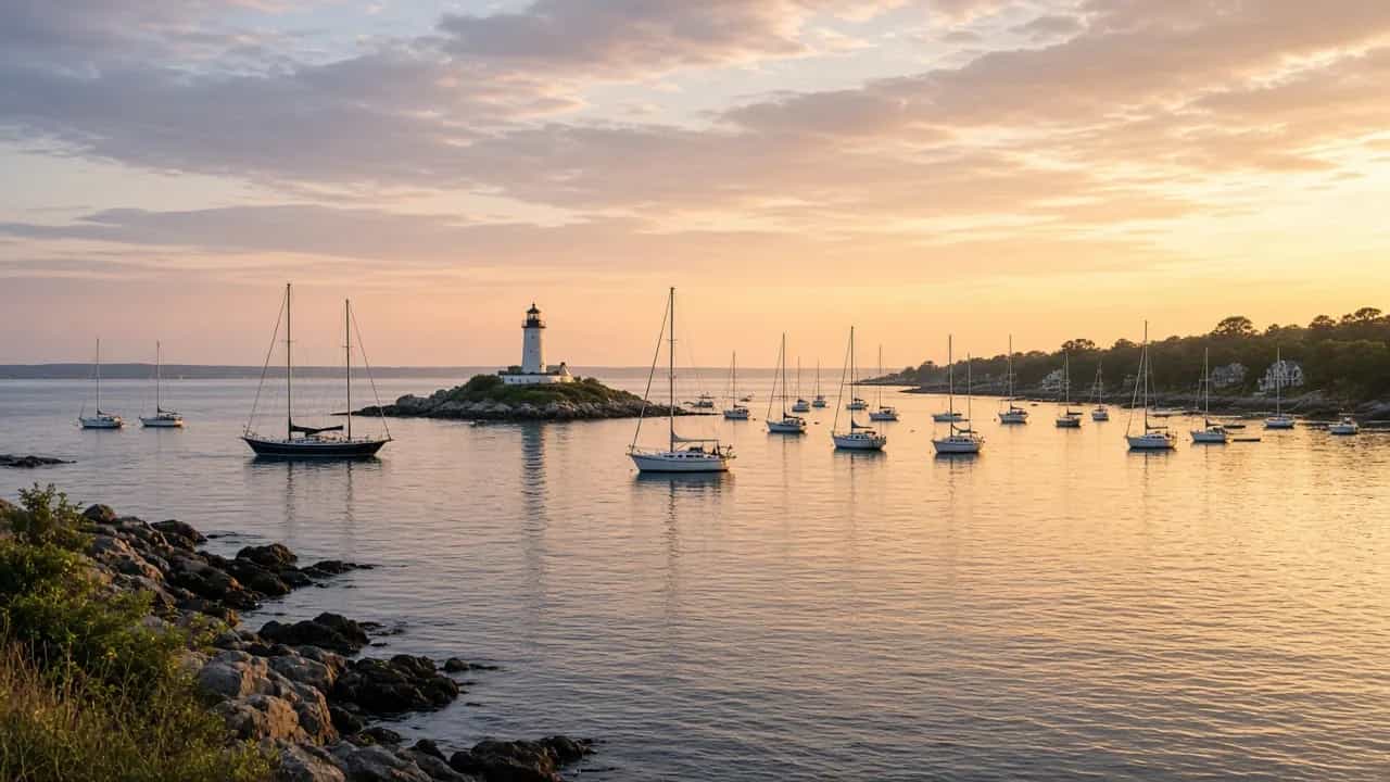 Newport, Rhode Island harbor with sailboats and a lighthouse at golden hour