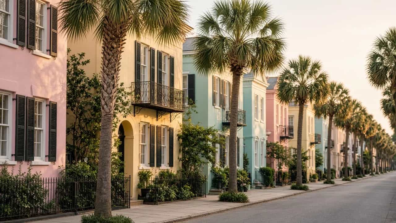 Charleston, South Carolina pastel row houses and palmetto trees in warm morning light