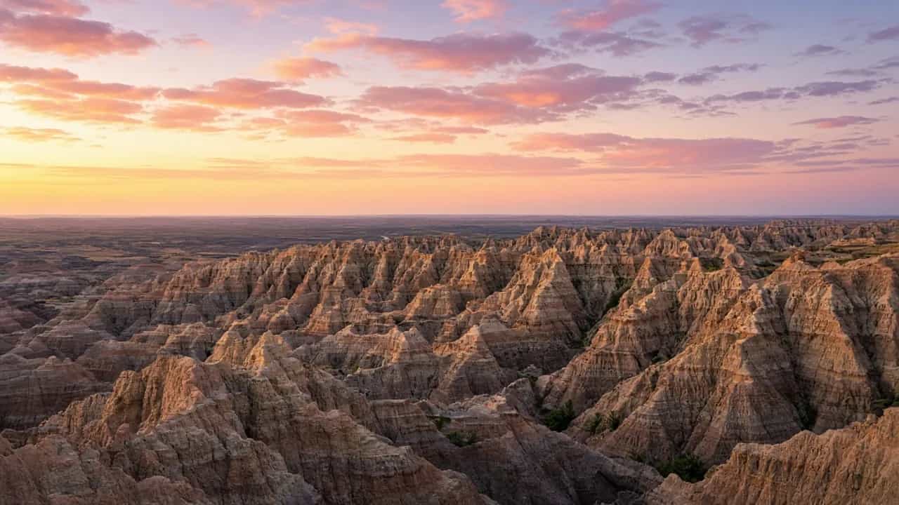 Badlands National Park layered rock formations at sunrise, South Dakota