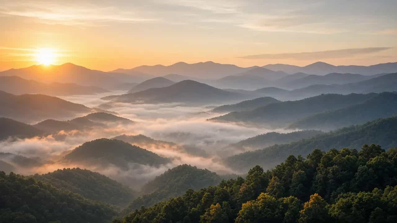 Great Smoky Mountains layered ridges with morning mist at sunrise, Tennessee